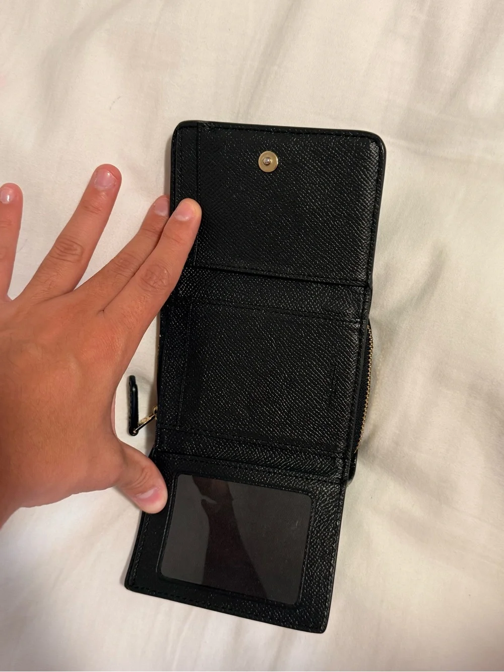 Coach Black Pebbled Leather Tri-Fold Wallet with Gold Logo